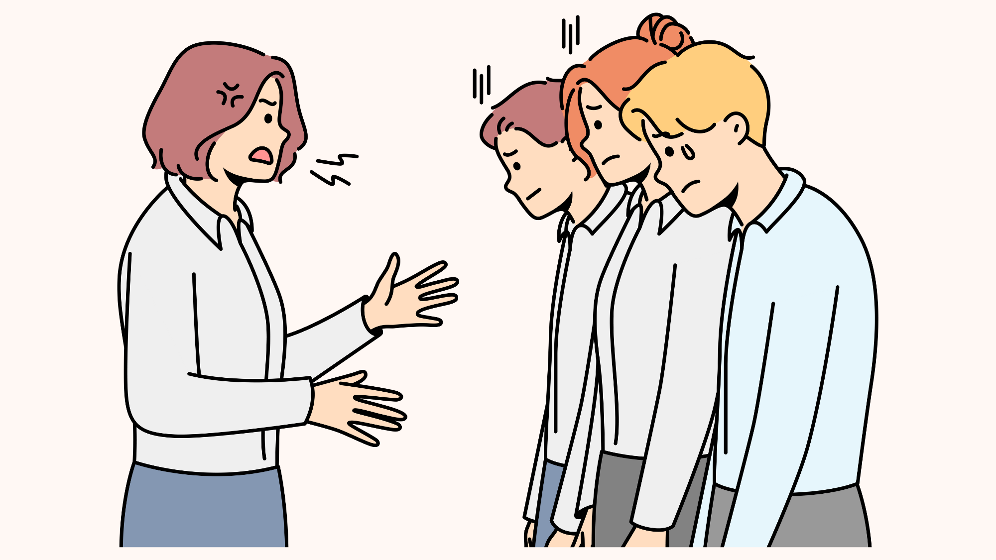 A leader shouting at three followers who are hanging their heads looking sad and frightened.