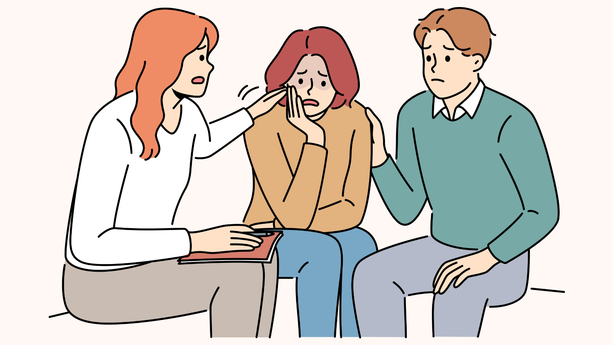 A person looking distressed, with a person sat either side of them listening. One of them has a notebook and pen.