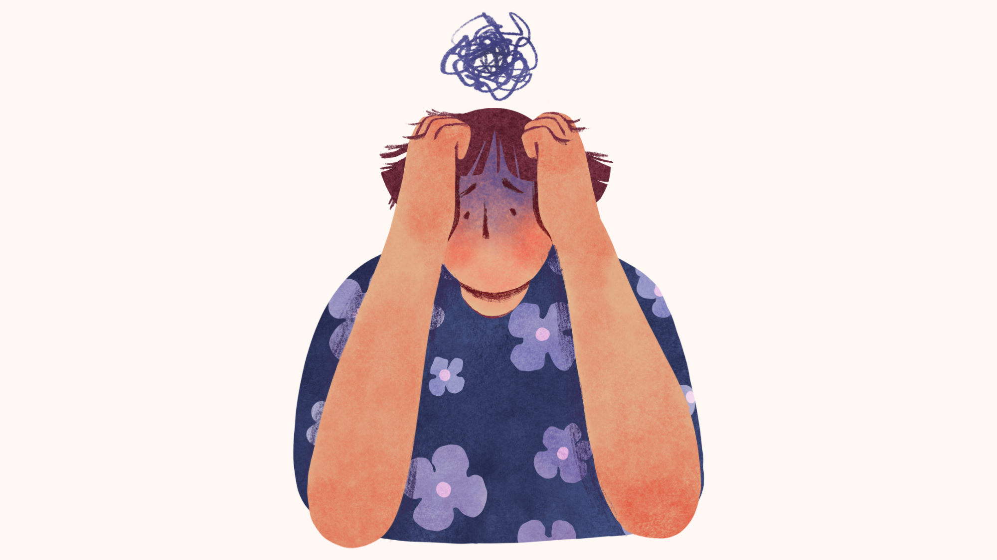 A person holding their head in their hands with a cloud of thoughts above their head.