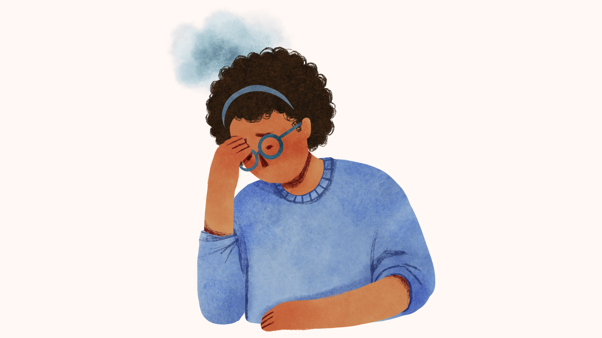 A person looking anxious with their head in their hand, with a cloud above their head.