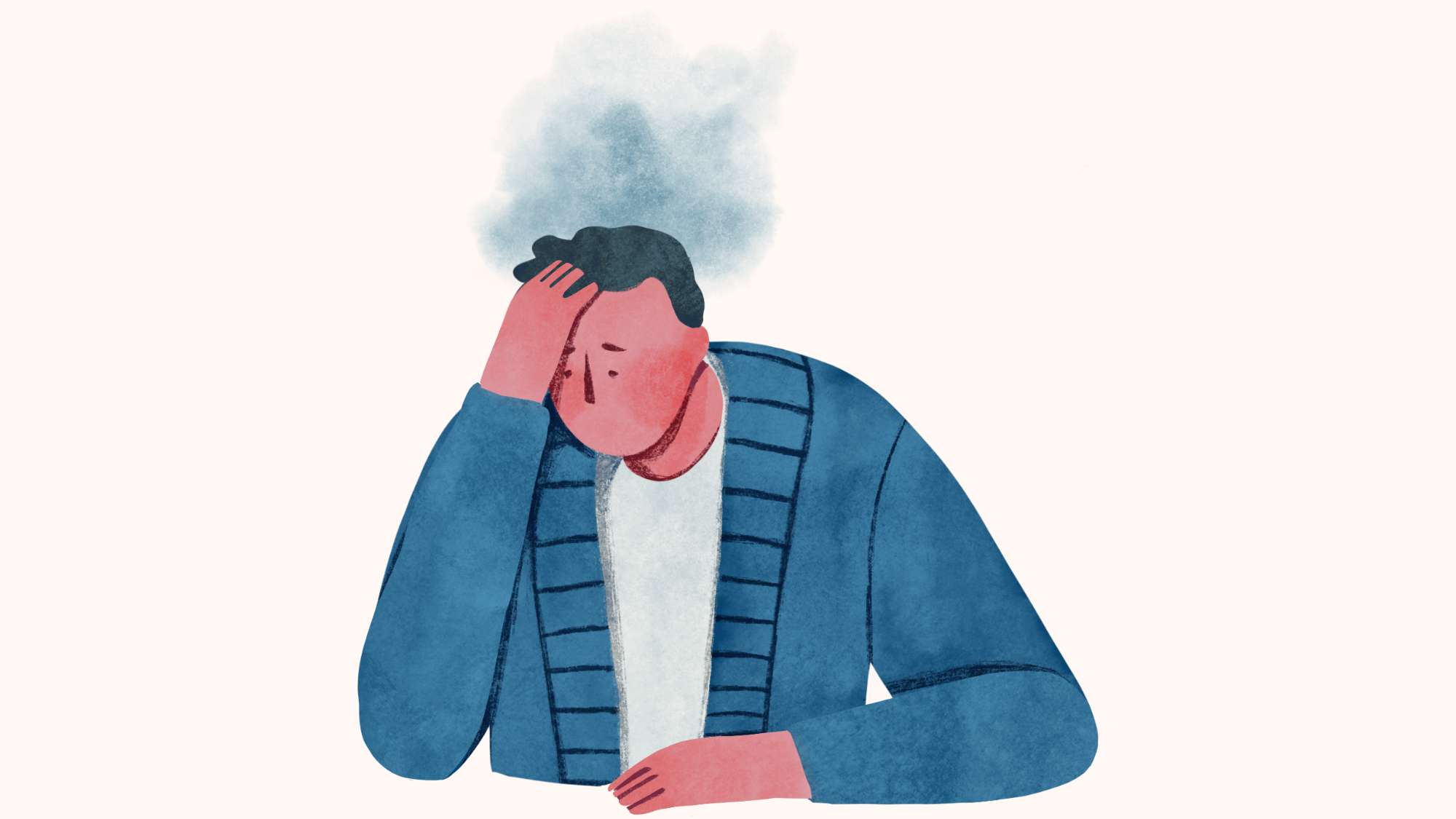 A person sat at a table with their head in their hands and a cloud over their head.