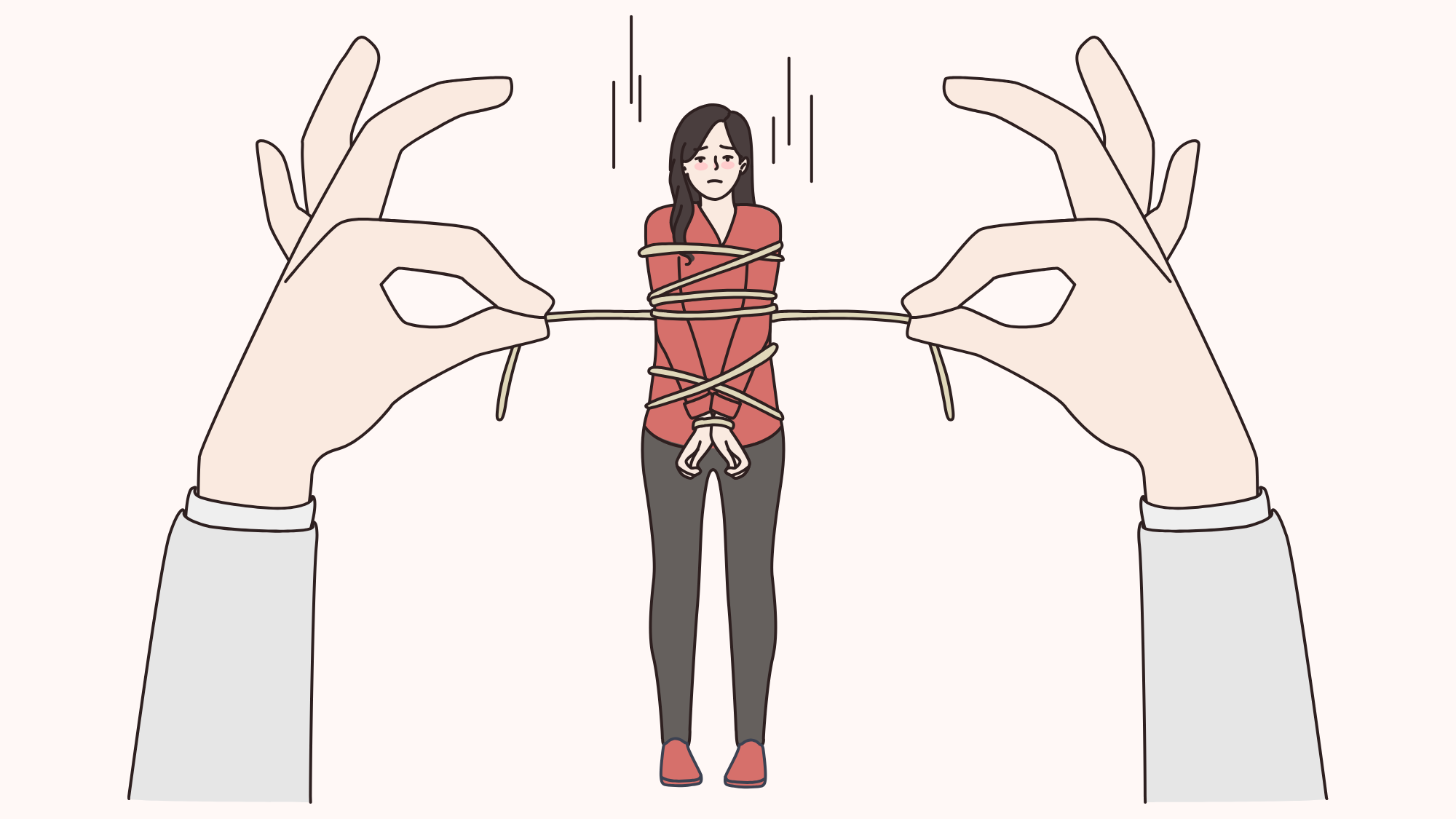 A person tied up with rope which is being pulled tight by hands either side. Representing the coercive control of spiritual abuse.