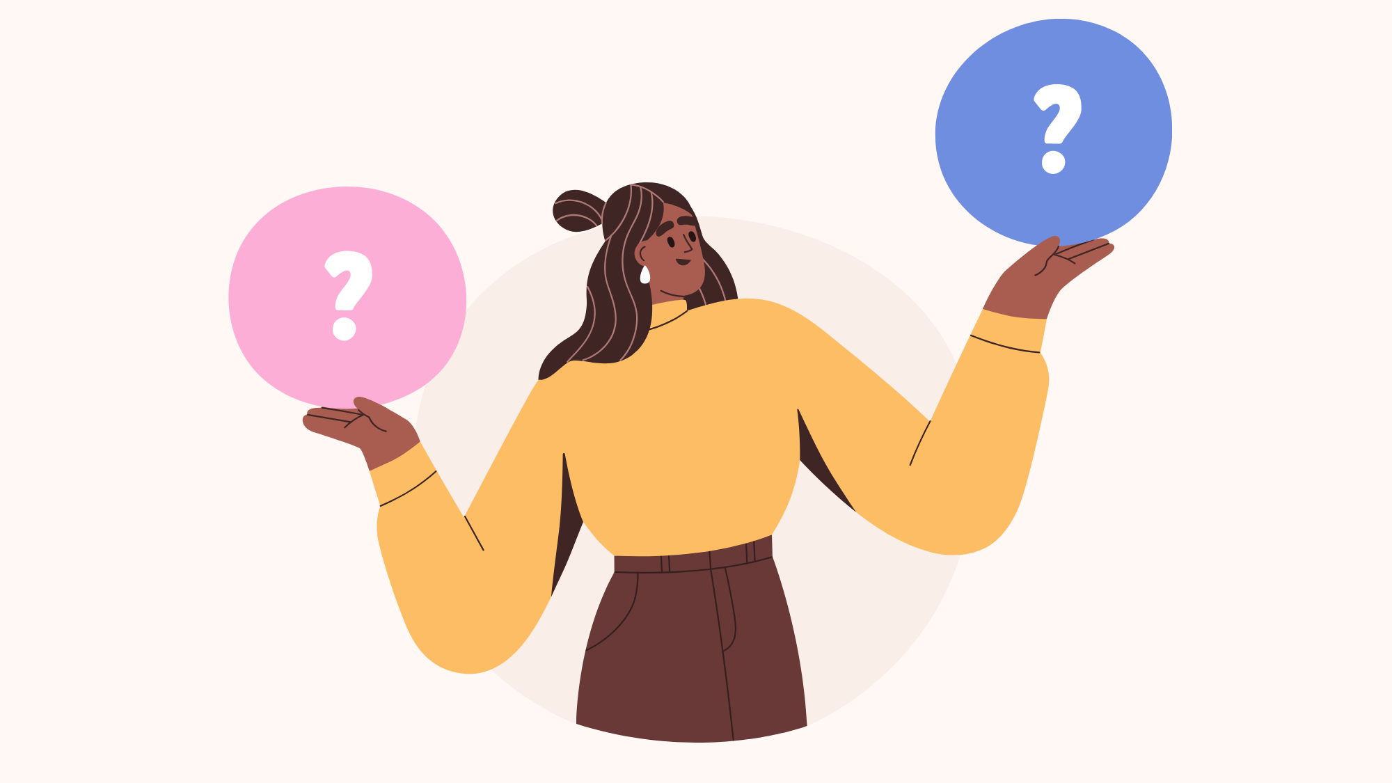 A person holding a question mark in each hand, weighing up whether to share their story online.